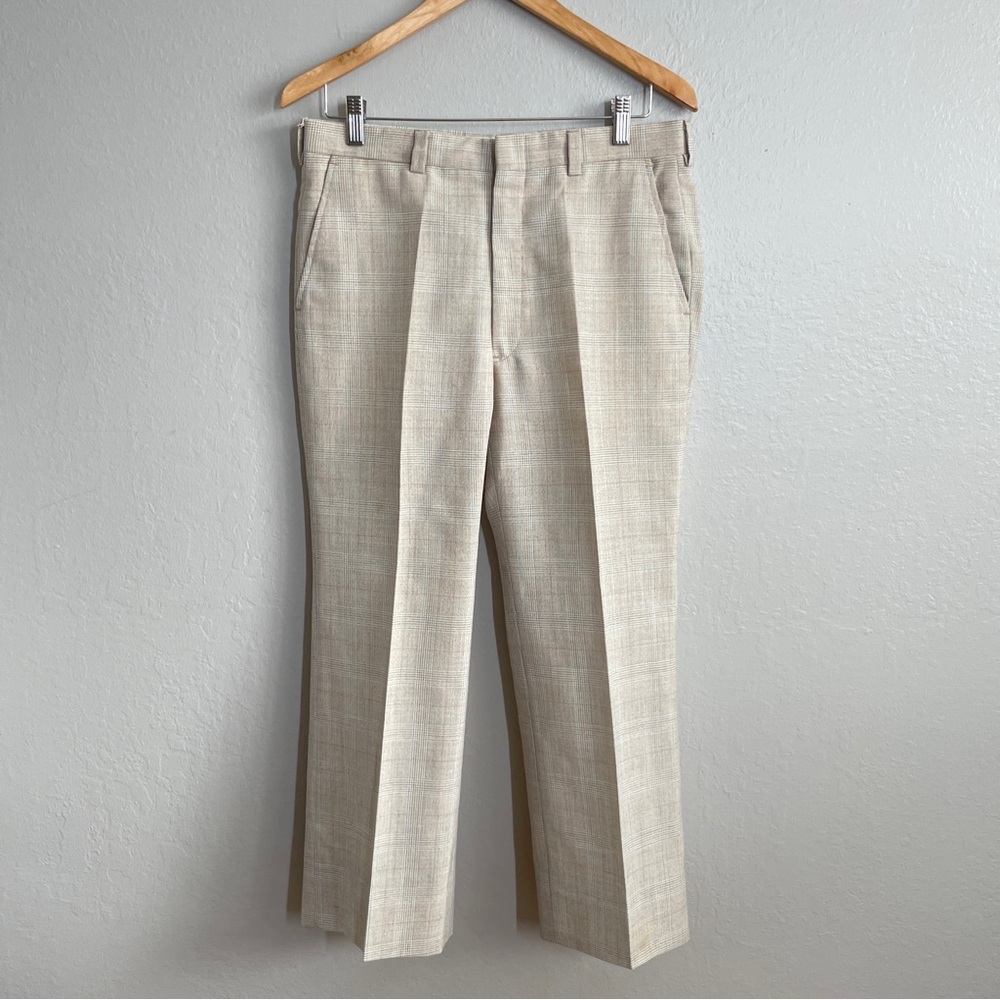 Vintage 1970s Glen Plaid Men’s Dress Pants Beige Gray Check